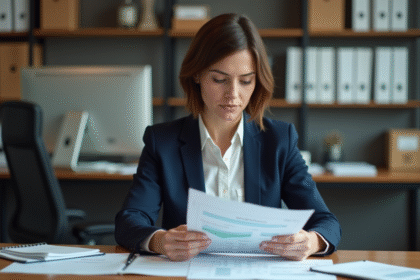 Femme d'affaires en train d'étudier des documents financiers