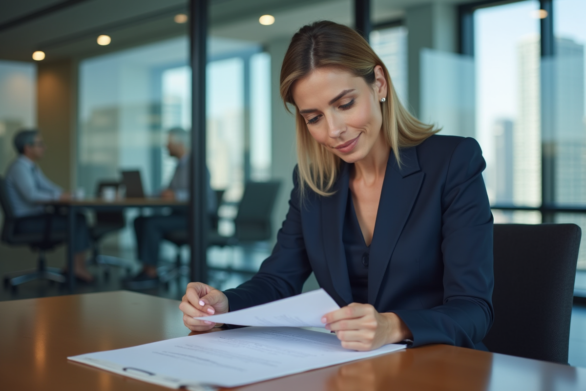 Femme d'affaires en costume navy dans un bureau moderne