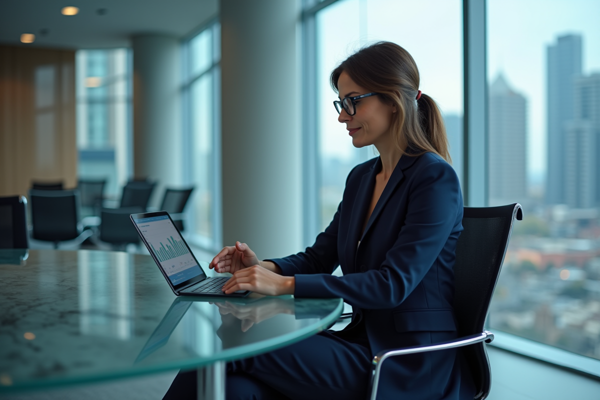 Femme d'affaires analysant des données financières sur une tablette