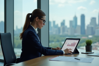 Femme d'affaires en réunion avec tablette et skyline