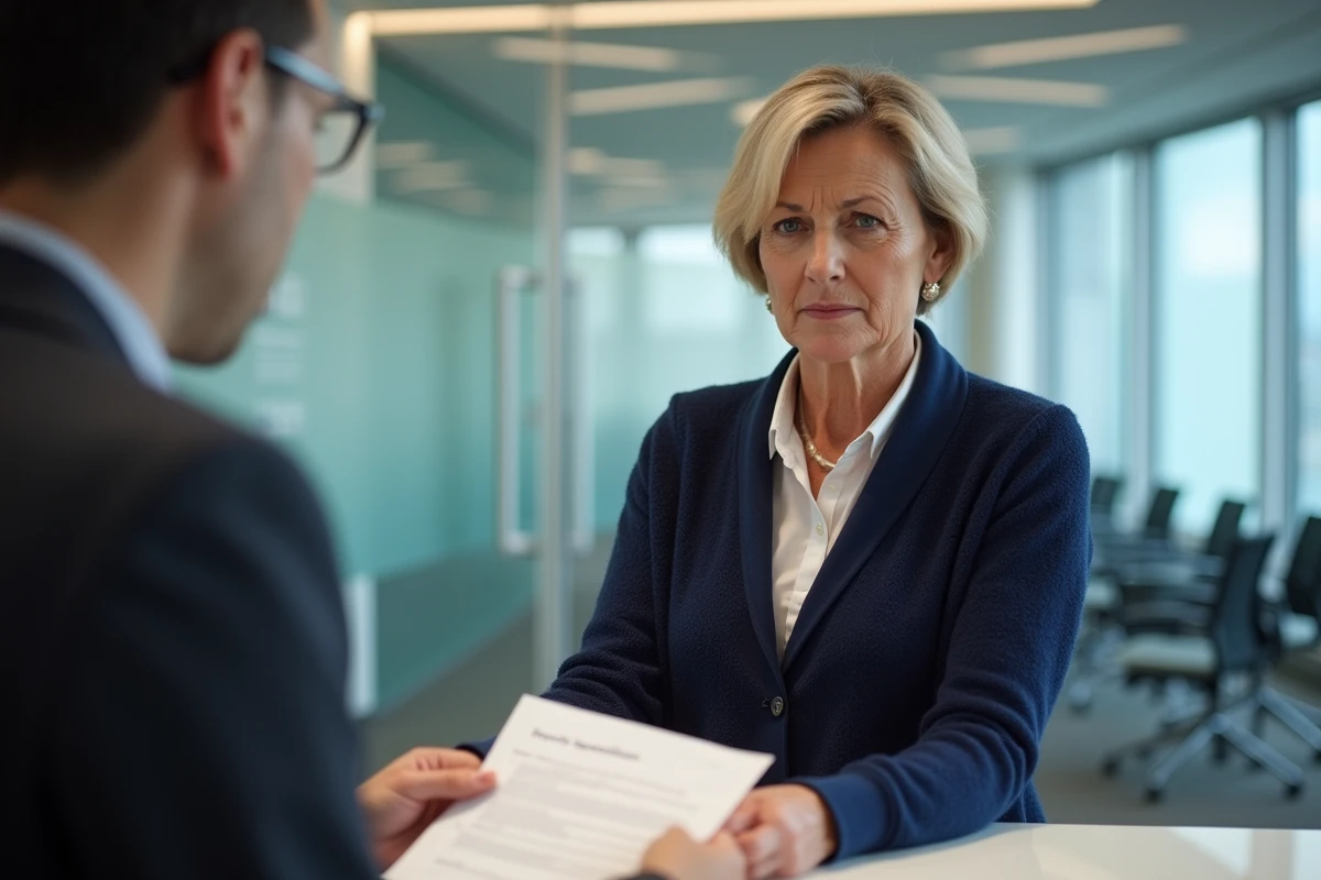 Femme déposant un document de changement de RIB en agence France Travail auprès d'un conseiller pour régulariser le versement de son allocation