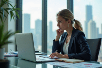 Femme d'affaires analysant des graphiques dans un bureau moderne