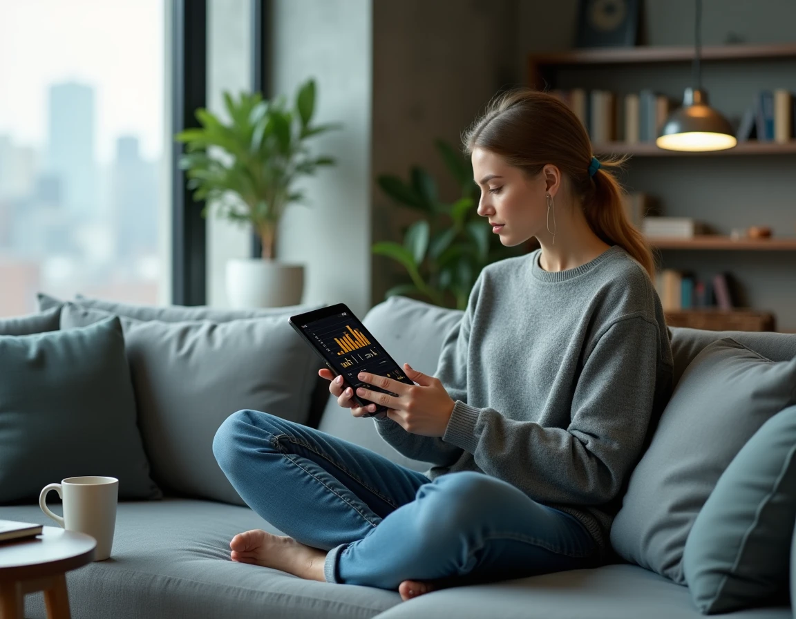 Femme analysant les rendements Bitcoin sur une tablette depuis son salon moderne, avec une expression soucieuse et des graphiques de performance cryptocurrency visibles à l'écran