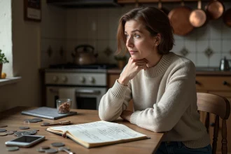 Femme d'âge moyen dans une cuisine vintage avec livre de comptes