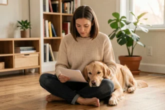 Femme consultant des documents d'assurance pour chien avec son golden retriever posé sur ses genoux dans un salon moderne
