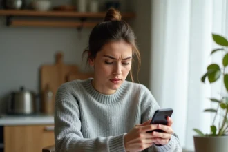 Femme consultant son application de paiement sur smartphone en attendant un virement FDJ via Ptitclic