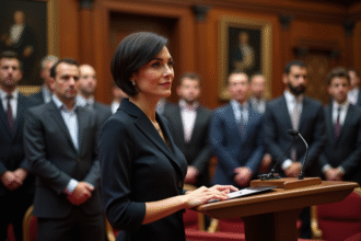 Femme élégante avec paddle dans salle d'enchères