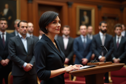 Femme élégante avec paddle dans salle d'enchères