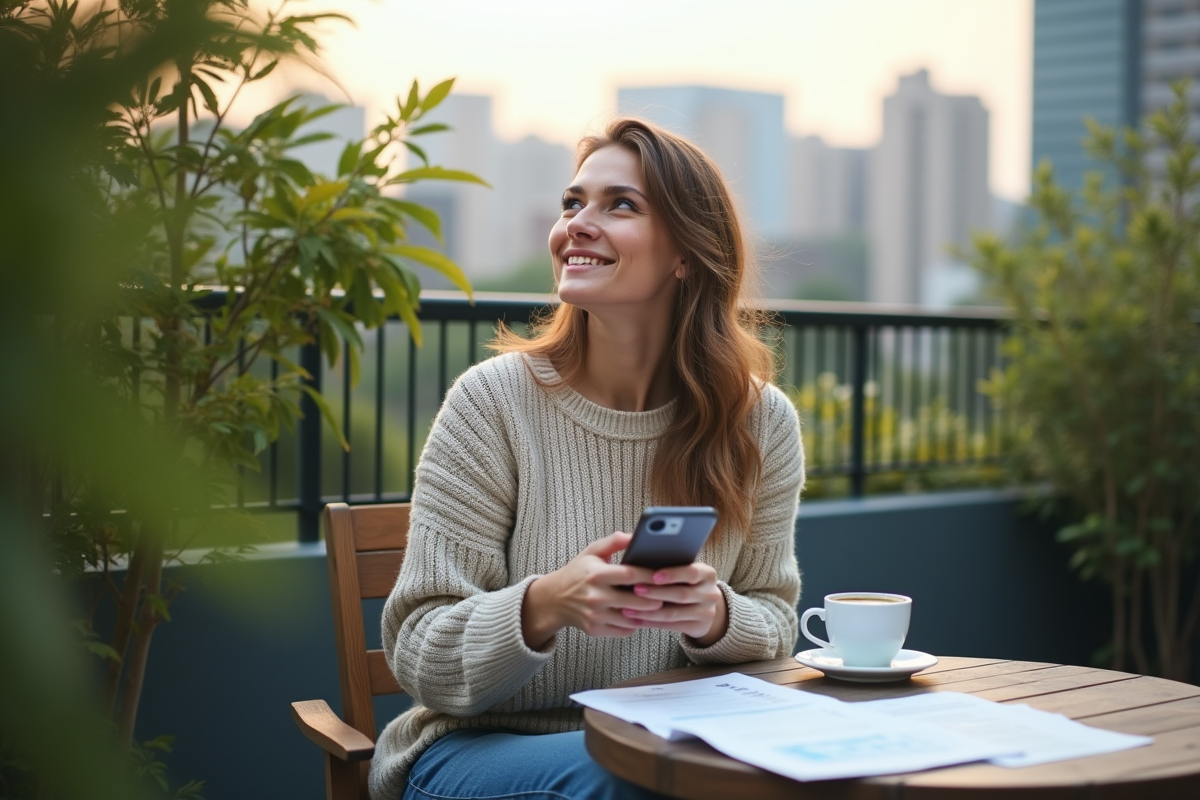Femme assise sur un balcon vérifiant son portefeuille financier