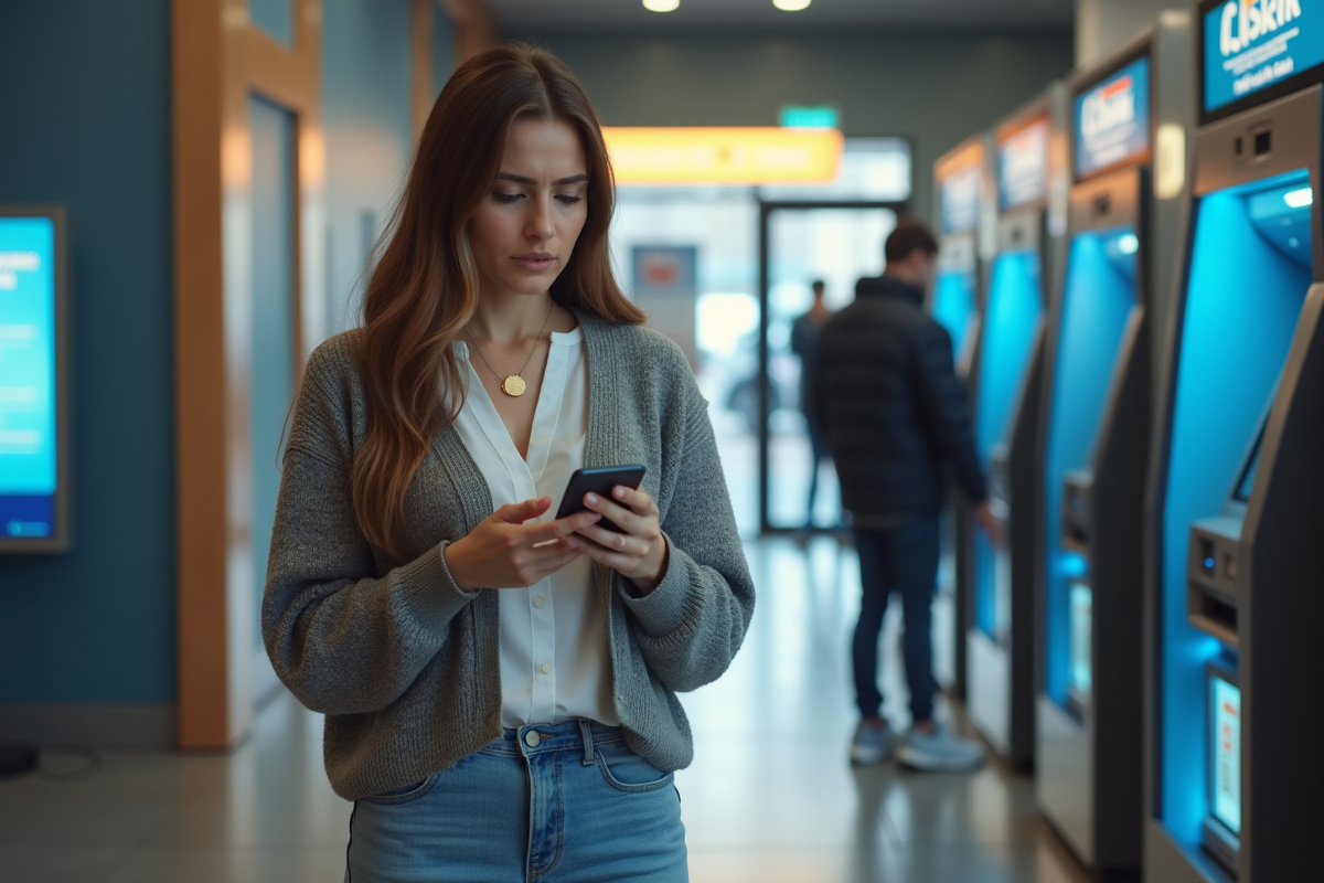 Femme dans une banque regarde son téléphone avec souci