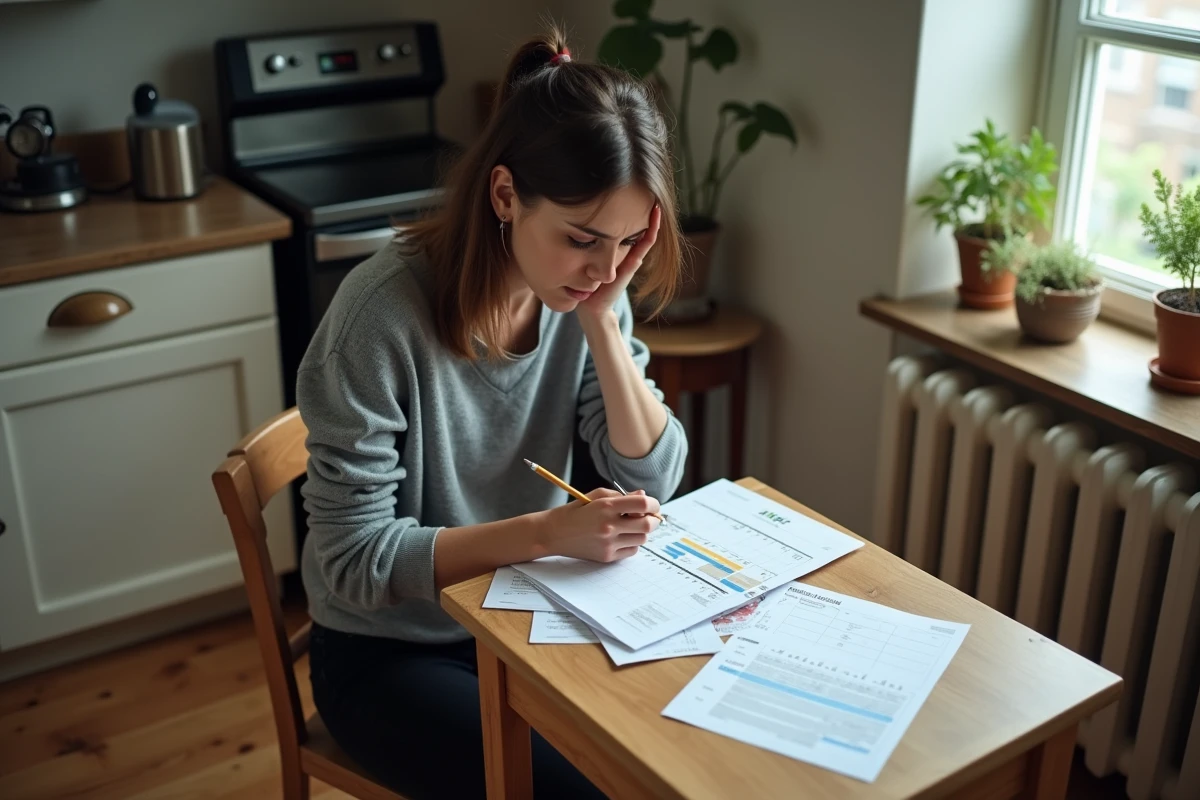 Jeune femme en tenue décontractée examinant ses factures