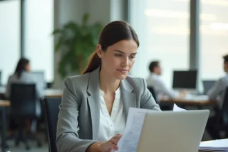 Femme professionnelle consultant une calculatrice de fiche de paie sur ordinateur portable dans un bureau moderne