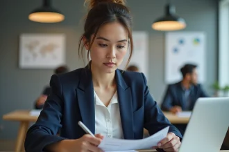 Femme cadre analysant sa fiche de paie avec heures supplémentaires au bureau