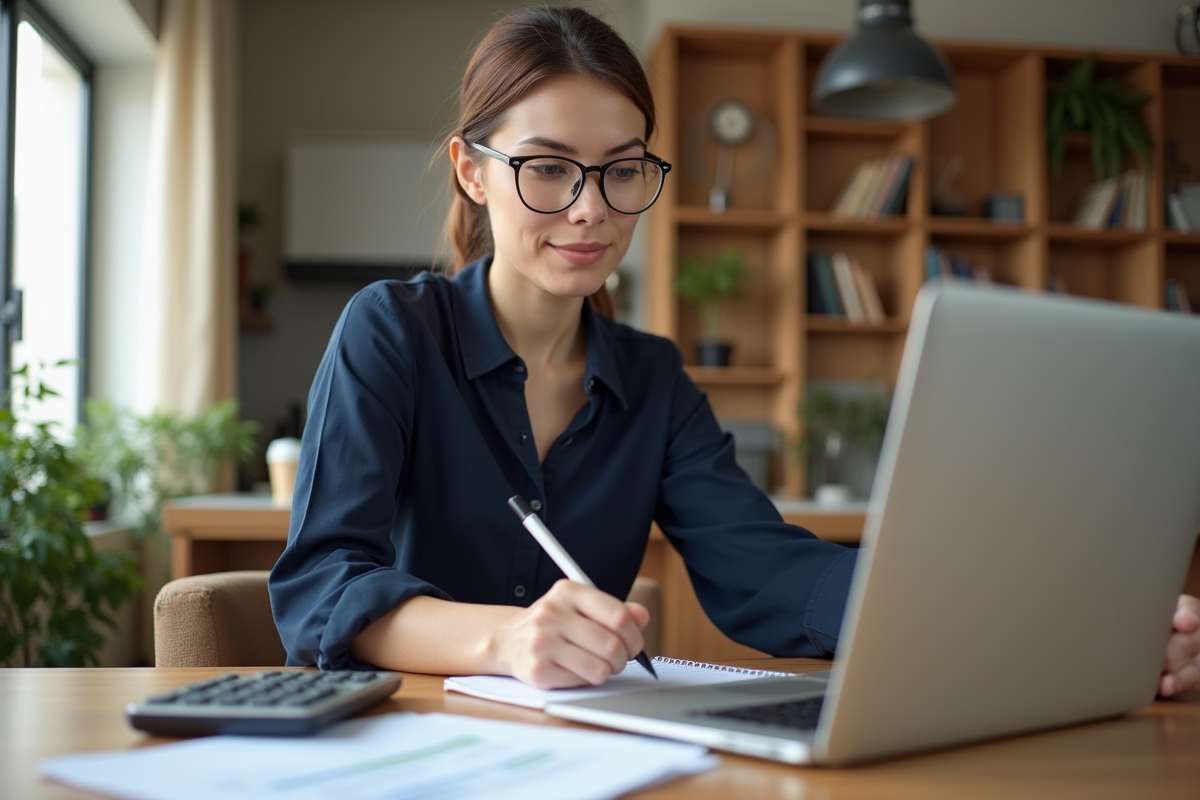 Femme professionnelle travaillant à son bureau dans un appartement lumineux