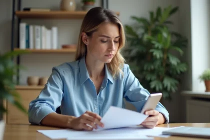Femme en tenue casual vérifiant ses papiers à son bureau