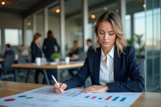 Femme cadre en entreprise analysant des courbes de salaires et statistiques de revenus en France