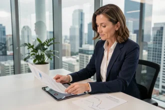Femme cadre analysant des documents financiers sur une SCPI dans un bureau moderne avec vue sur la ville