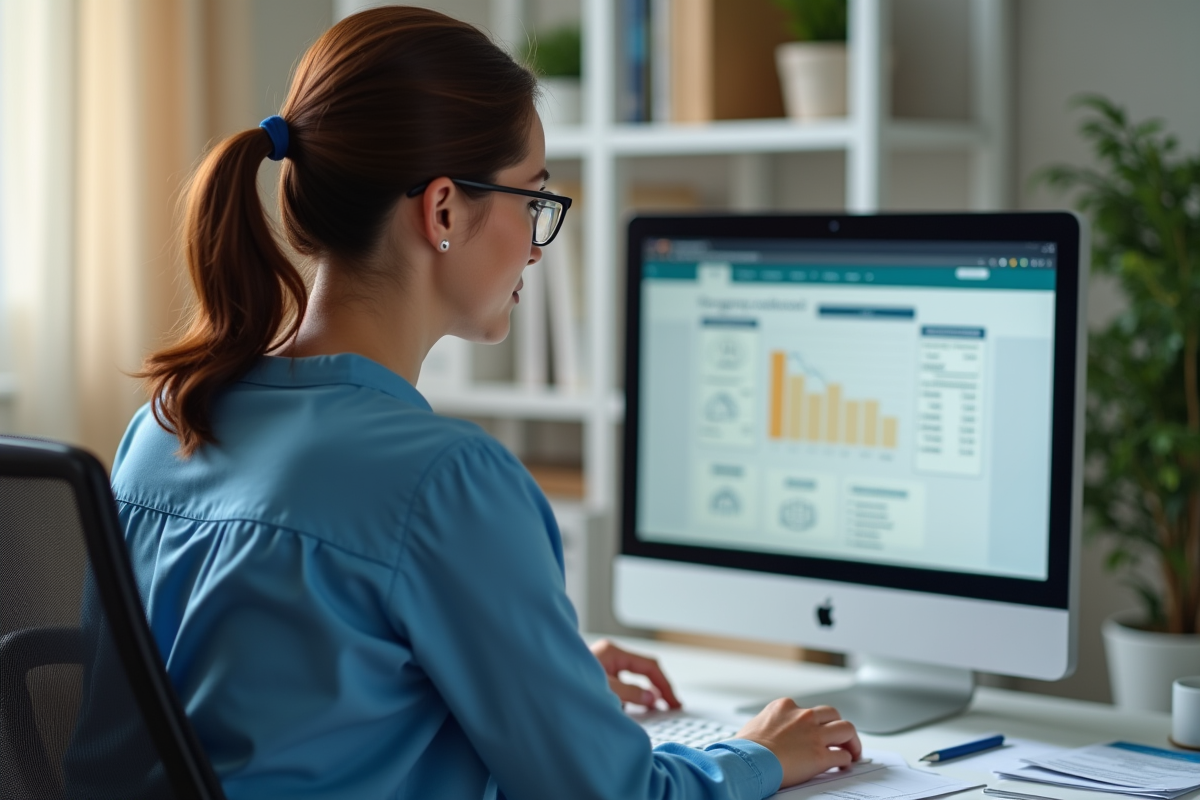Femme utilisant un simulateur de prêt immobilier dans son bureau