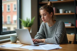 Femme consultant des documents financiers et sa fiche de paie à son bureau à domicile pour calculer sa prime d'activité