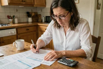 Femme consultant ses fiches de paie et calculant son salaire net au Smic à 25h par semaine dans une cuisine modeste