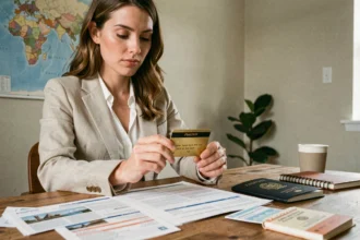 Femme tenant une carte Visa Gold en révisant des documents de voyage sur un bureau en bois, idéal pour illustrer les garanties d'assurance voyage d'une carte bancaire haut de gamme