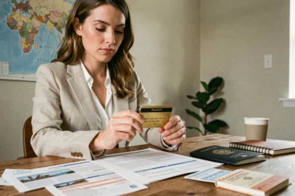 Femme tenant une carte Visa Gold en révisant des documents de voyage sur un bureau en bois, idéal pour illustrer les garanties d'assurance voyage d'une carte bancaire haut de gamme