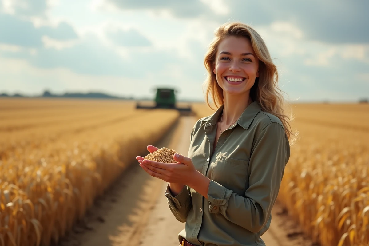 Jeune femme tenant des soja dans un champ agricole