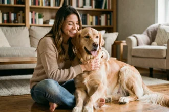 Femme souriante tenant son chien golden retriever dans un salon chaleureux, illustrant la relation entre un maître et son animal assuré avec Agria