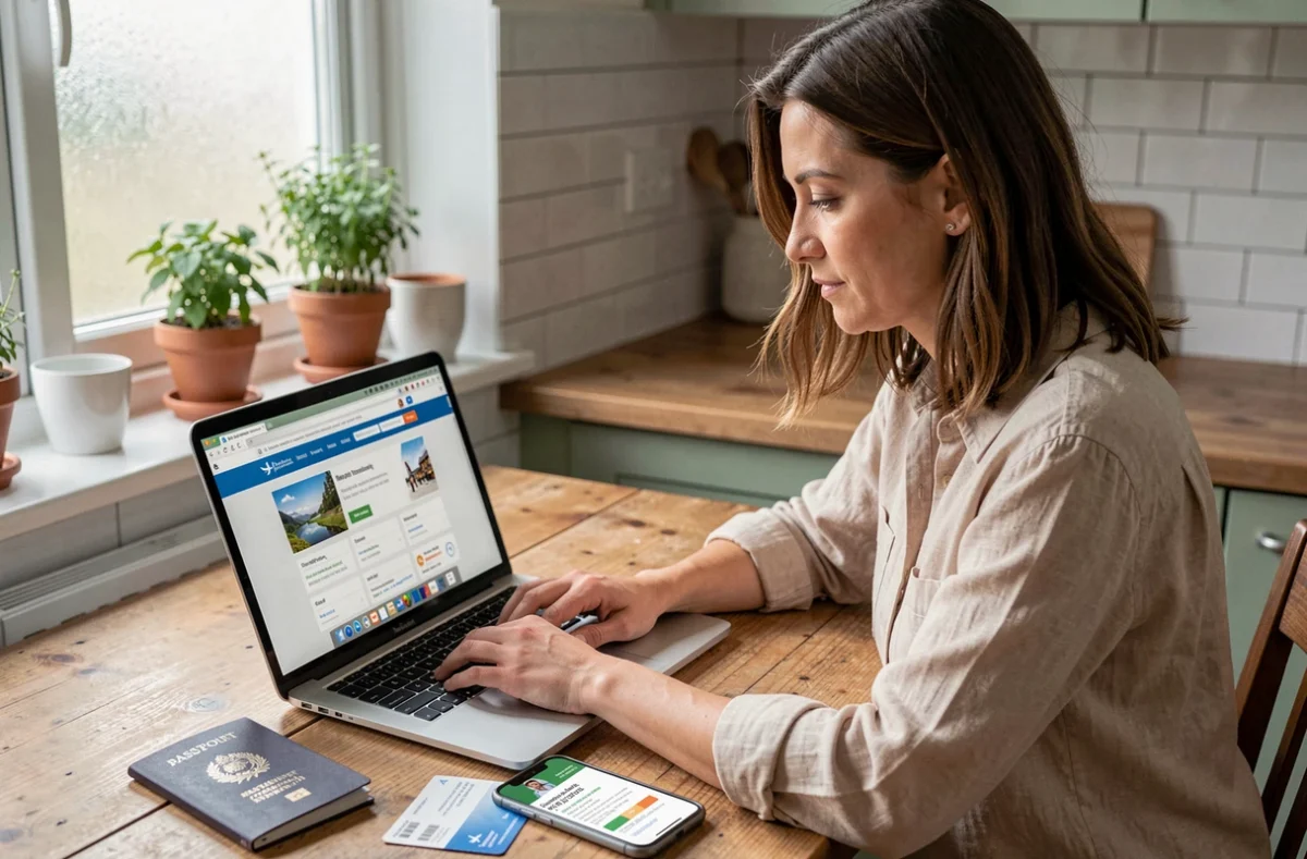 Femme comparant des prix d'assurance voyage en ligne avec un courtier via son ordinateur portable et son téléphone