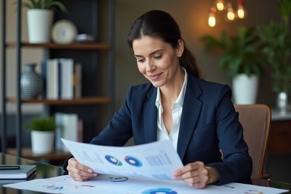Consultante féminine analysant des graphiques dans son bureau
