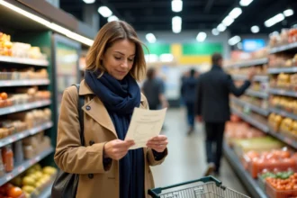Femme en trench et echarpe examine ticket de caisse