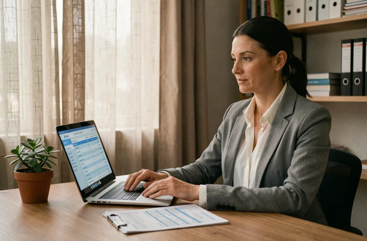 Femme en télétravail remplissant une déclaration fiscale Cerfa sur ordinateur portable dans un bureau à domicile