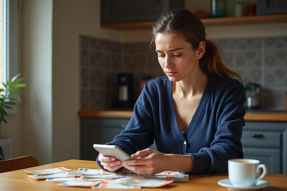 Femme comptant des billets en euros sur une table en bois avec un smartphone affichant une application bancaire Nickel pour un dépôt espèces d'urgence
