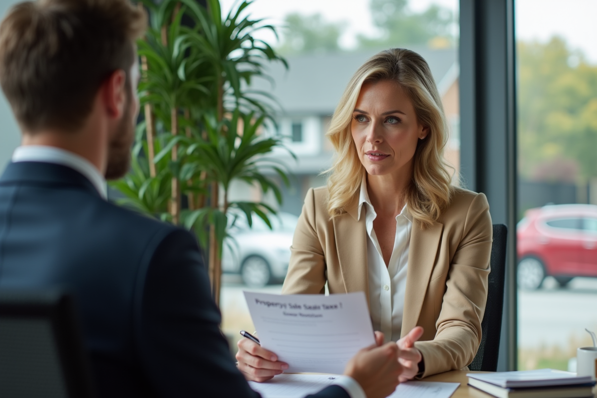 Femme en costume discutant avec un agent immobilier