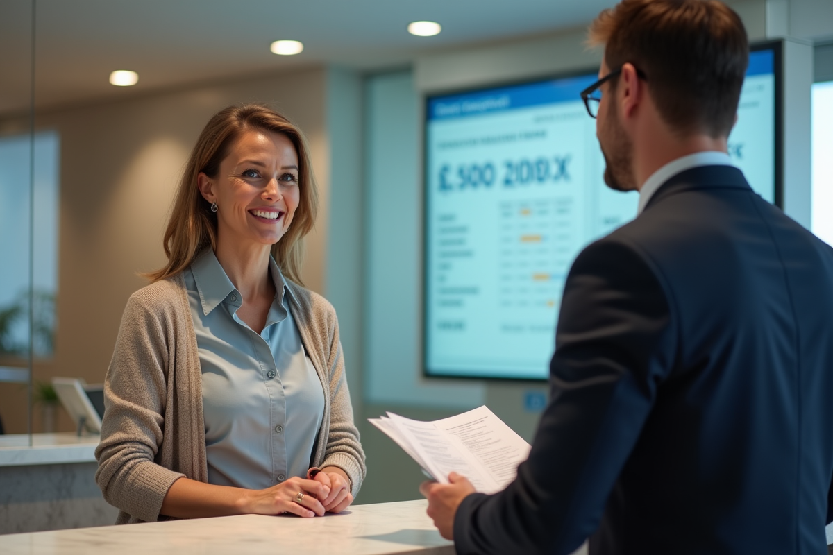 Femme parlant avec un conseiller bancaire au guichet de la banque
