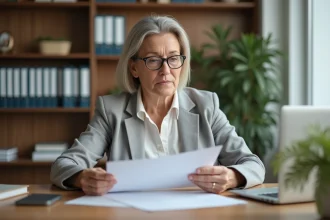 Femme consultant un document bancaire à son bureau à domicile pour retrouver l'adresse du centre financier La Banque Postale