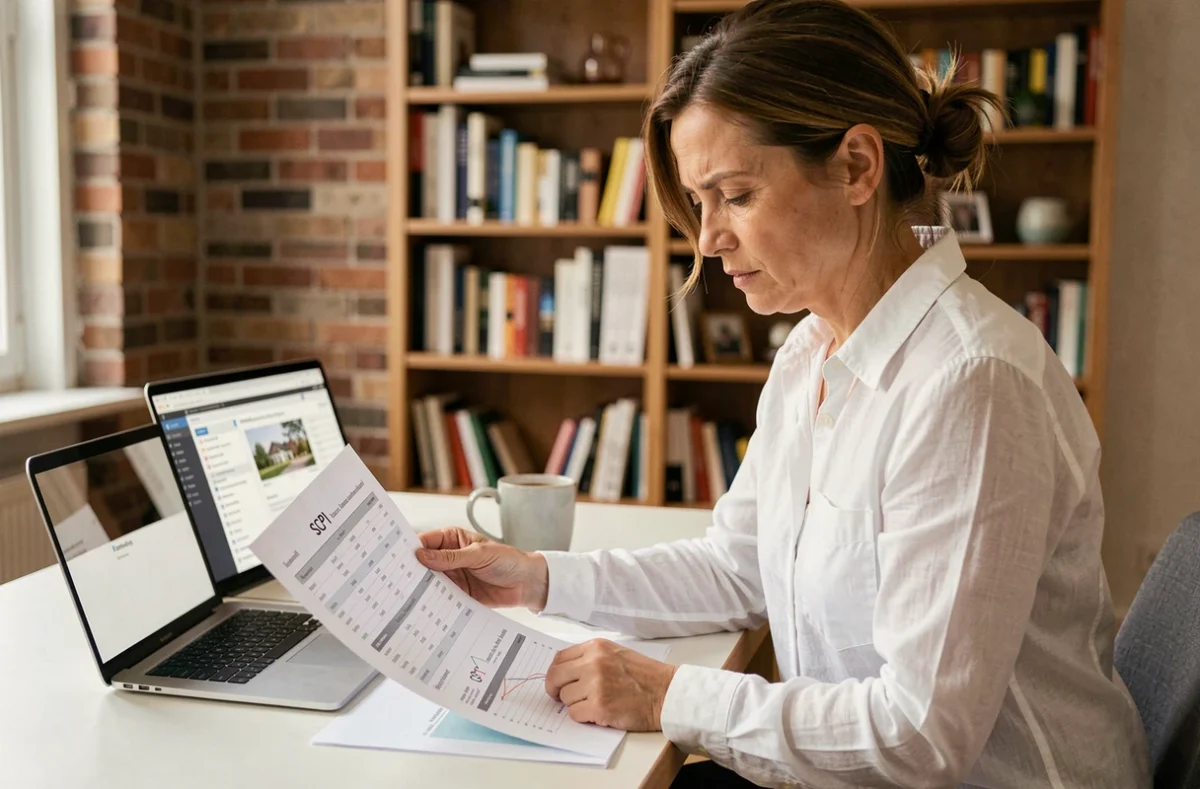 Femme étudiant seule un dossier de financement SCPI via crédit immobilier dans un appartement parisien