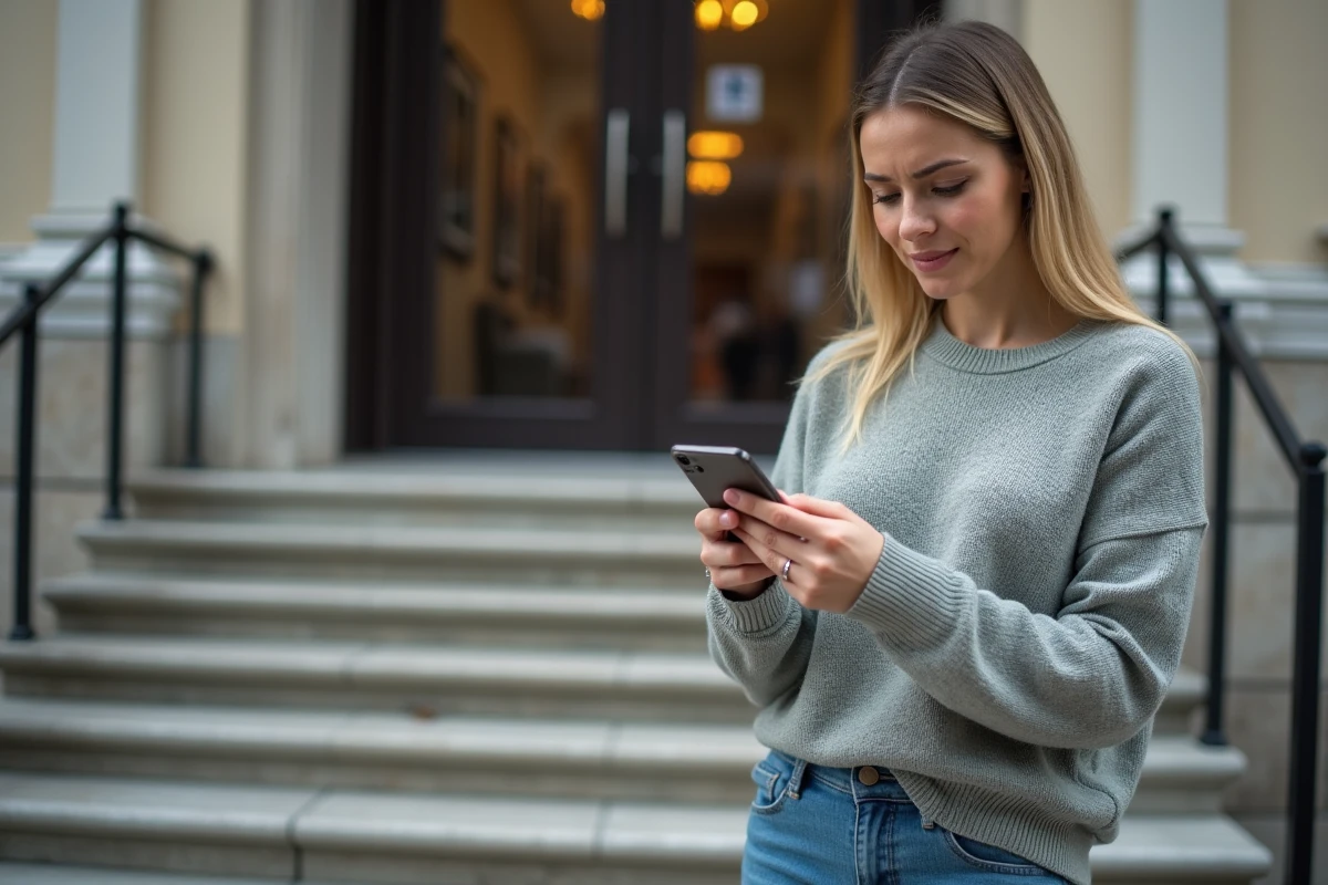 Jeune femme dehors regardant son téléphone avec inquiétude