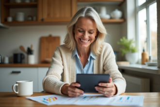 Femme souriante analysant des graphiques financiers sur une tablette