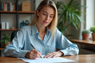 Femme remplissant un formulaire administratif de changement d'adresse pour le CESU Urssaf à son bureau à domicile