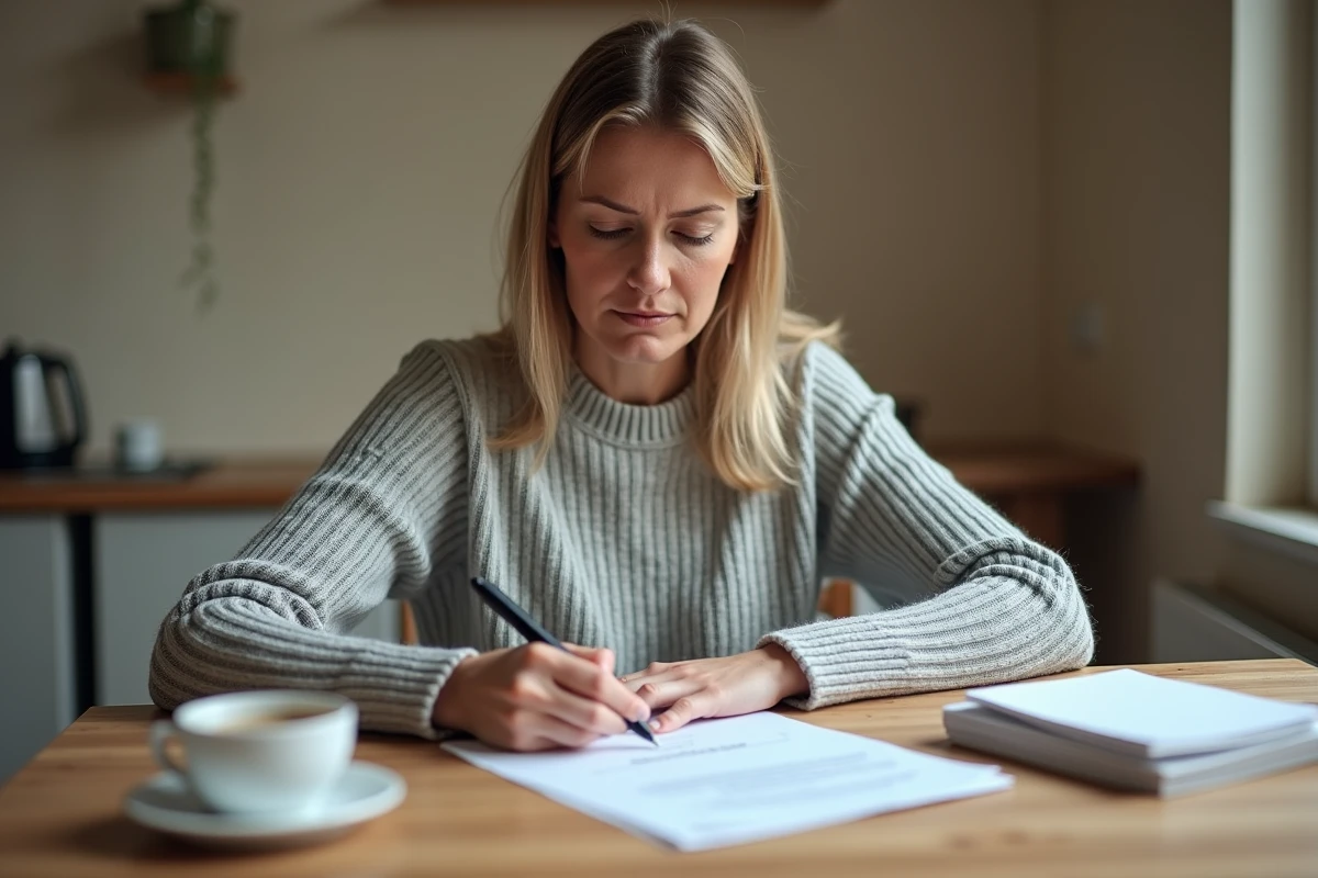Femme remplissant un formulaire administratif pour un changement de RIB France Travail à son domicile