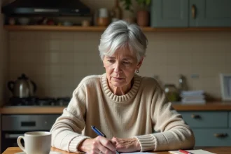 Femme d'une cinquantaine d'années consultant le formulaire 2041-DPTF-SD pour la taxe foncière à la table de sa cuisine