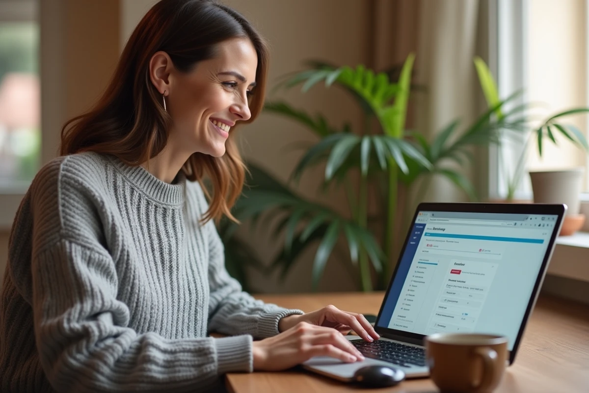 Femme gérant ses comptes bancaires Société Générale sur ordinateur portable depuis son bureau à domicile