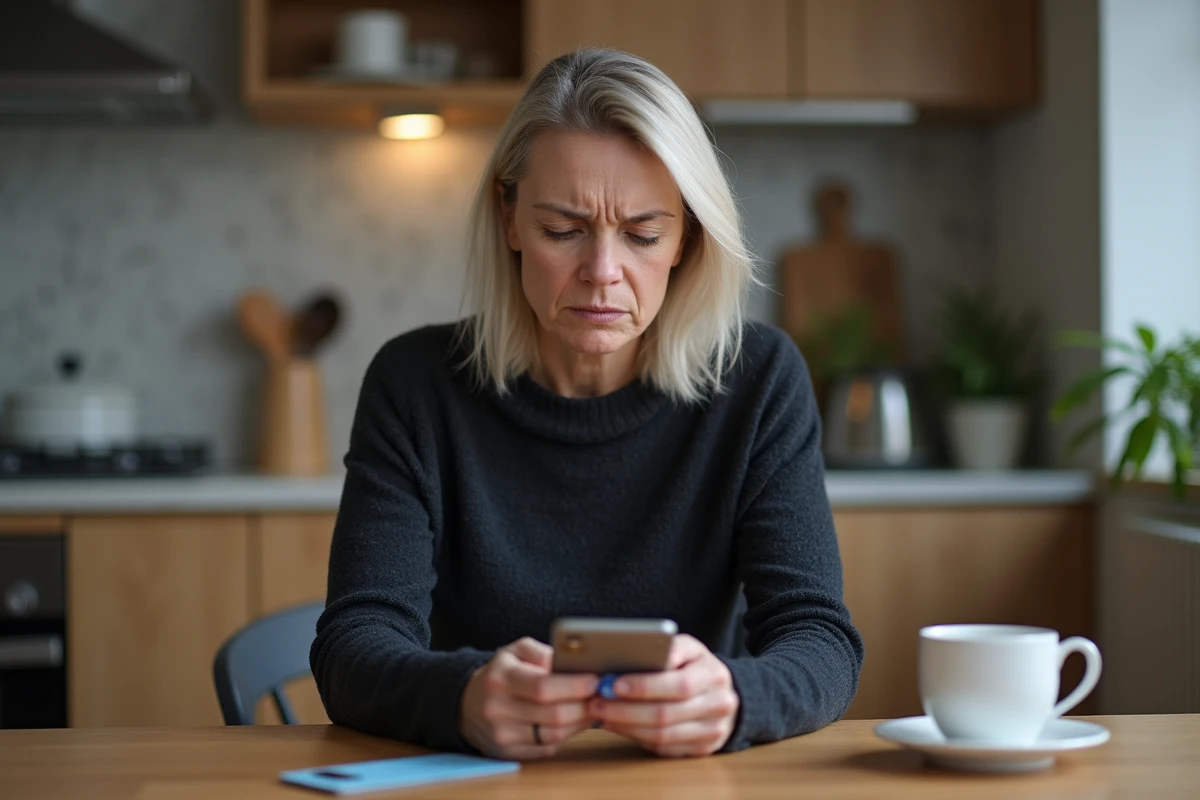 Femme inquiète utilisant son smartphone et sa carte bancaire