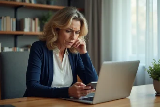 Femme inquiète consultant son compte bancaire en ligne sur un ordinateur portable, suspicion de fraude bancaire
