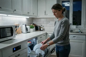 Femme chargeant un lave-vaisselle tard le soir pour profiter des heures creuses EDF