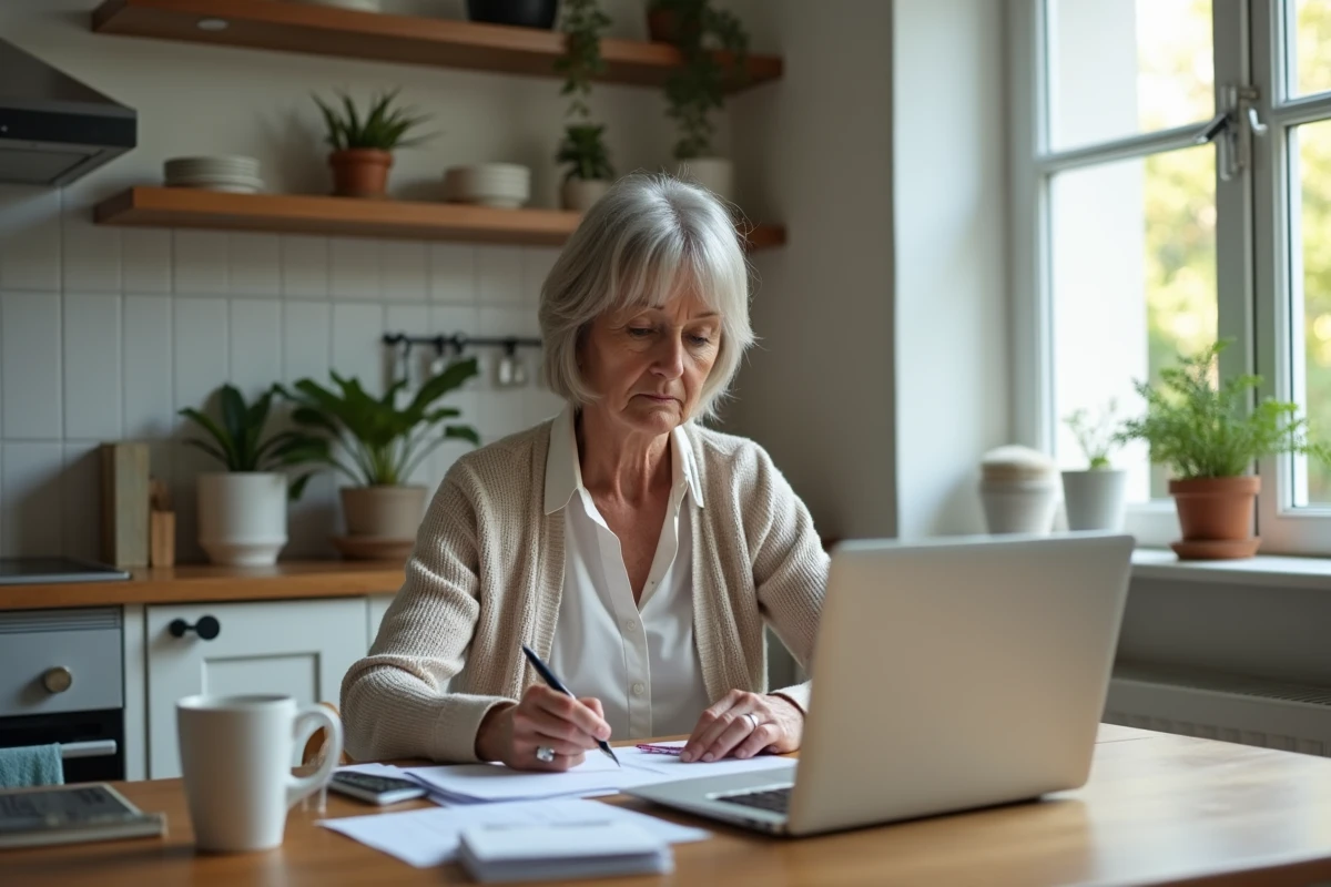 Femme d'âge moyen lisant des papiers à la cuisine