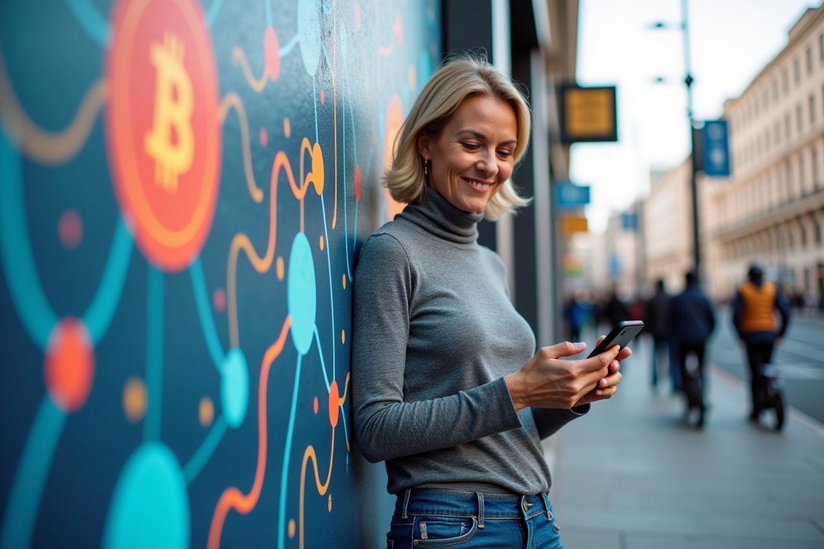 Femme souriante vérifiant ses actifs numériques devant un mur urbain
