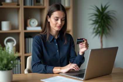 Femme utilisant une carte bancaire dans un bureau moderne
