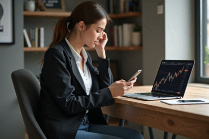 Jeune femme avec tablette et smartphone sur un bureau moderne